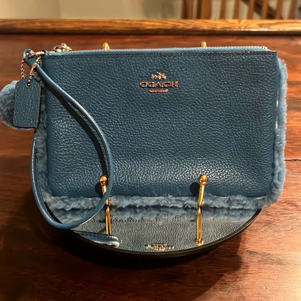 COACH Leather & Shearling Wristlet in Blue